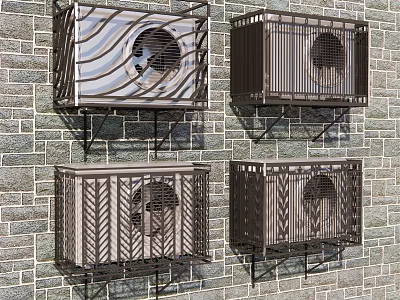 Air Conditioner Fans Mounted on Brick Wall with Decorative Metal Grille Designs 3d model