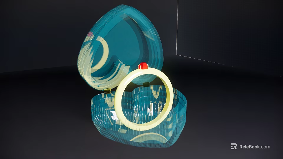 Elegant Open Blue Jewelry Box With Shiny Gold Ring And Red Gemstone 3d model 