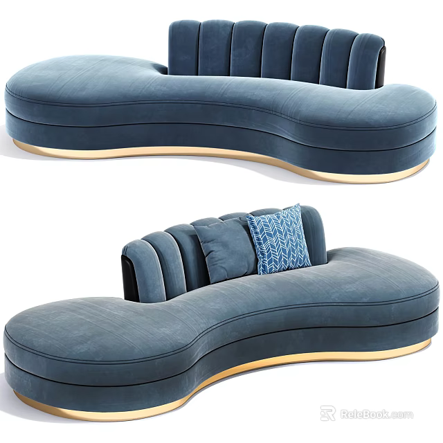 Blue Curved Sectional Sofa With Golden Base And Decorative Accent Pillows 3d model