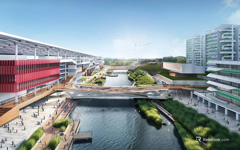 Modern School Buildings With Riverside Pedestrian Bridge And Lush Green Landscapes 3d model 