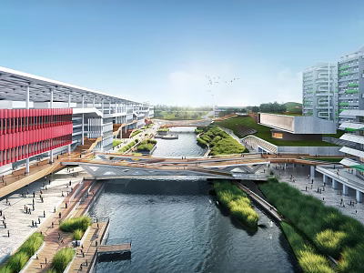 Modern School Buildings With Riverside Pedestrian Bridge And Lush Green Landscapes 3d model