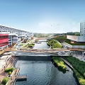 Modern School Buildings With Riverside Pedestrian Bridge And Lush Green Landscapes