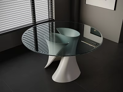 Modern Round Glass Top Dining Table With White Sculptural Base And Window Blinds 3d model