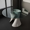 Modern Round Glass Top Dining Table With White Sculptural Base And Window Blinds 3d model