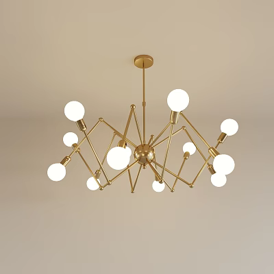 Golden Modern Sputnik Chandelier With Geometric Frame And White Globe Bulbs 3d model