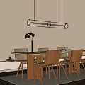 Cozy Restaurant Dining With Wooden Table Chairs Black Vase Red Flowers Long Beige Pendant Light