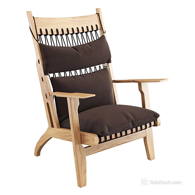 Oak Wood Frame Lounge Chair With Brown Cushioned Seat Backrest Armrests And Woven Design 3d model 