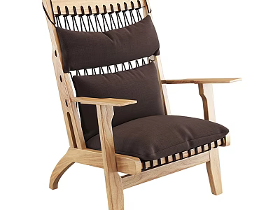 Oak Wood Frame Lounge Chair With Brown Cushioned Seat Backrest Armrests And Woven Design 3d model