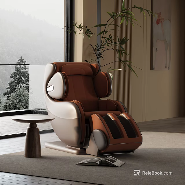 Modern Brown Leisure Chair with Side Table in Living Room with Large Window Mountain View 3d model 