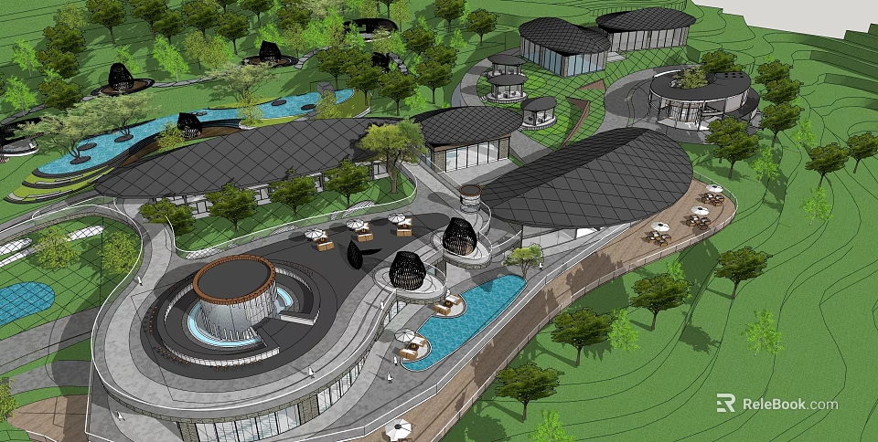 Modern Boutique Hotel Buildings With Green Lawns Trees And Water Features 3d model 