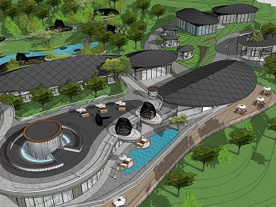 Modern Boutique Hotel Buildings With Green Lawns Trees And Water Features 3d model