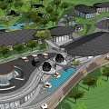 Modern Boutique Hotel Buildings With Green Lawns Trees And Water Features