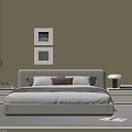 Double Bed with Beige Bedhead Pillows Nightstands Table Lamps and Wall Paintings on Striped Rug