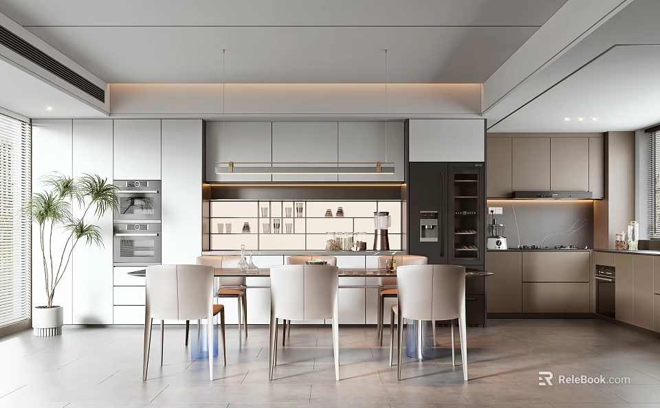 Modern Open Kitchen Interior With Dining Table Chairs Cabinets And Pendant Lights 3d model 
