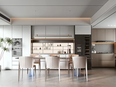 Modern Open Kitchen Interior With Dining Table Chairs Cabinets And Pendant Lights 3d model