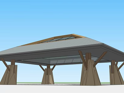 Modern Pergola Structure With Sloped Glass Roof And Wooden Support Columns 3d model