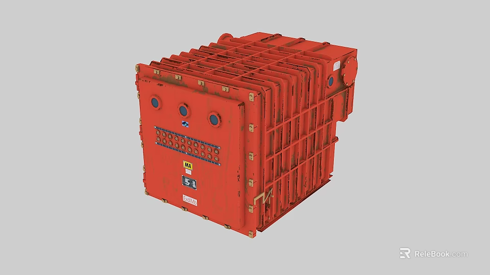Red Industrial Equipment With Metal Enclosure Control Panel Grid Structure And Safety Labels 3d model 