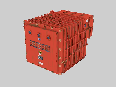 Red Industrial Equipment With Metal Enclosure Control Panel Grid Structure And Safety Labels 3d model