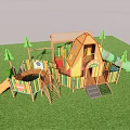 Kids Playground With Wooden Slide Climbing Frame On Green Grass Field Under Blue Sky