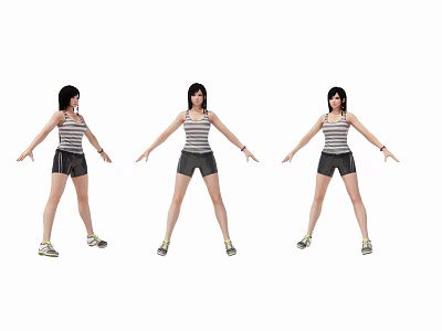 Woman In Striped Tank Top Black Shorts And Sneakers Stretching Arms In Different Poses 3d model