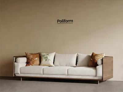 Comfortable Beige Sectional Sofa With Decorative Pillows Wooden Armrests And Poliform Logo 3d model