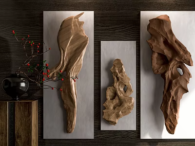Three Wooden Sculptures Hanging On Wall With Black Vase And Red Berry Branches 3d model