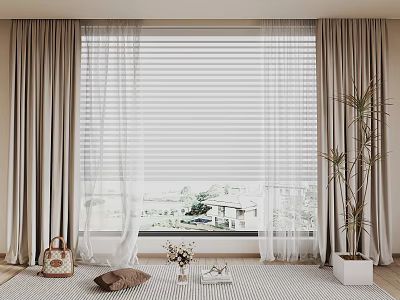 Beige Curtains With Sheer Layers And Blinds In Stylish Window Interior With Plant And Rug 3d model