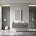 Modern Bathroom Vanity Cabinet With Mirror Countertop Faucet Green Plant And Recessed Lighting