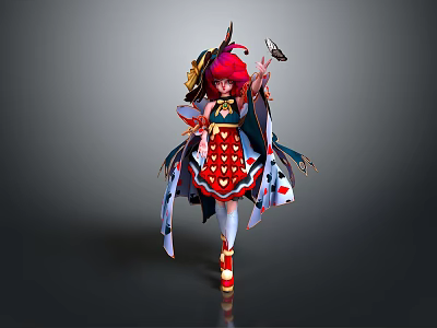Red Haired Character Wearing Red Heart Patterned Dress With Decorative Outfit And Butterfly Creature 3d model