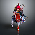 Red Haired Character Wearing Red Heart Patterned Dress With Decorative Outfit And Butterfly Creature