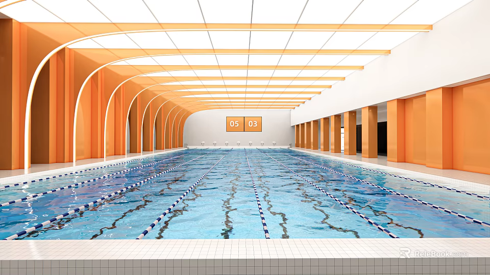 Indoor Swimming Pool Interior With Orange Arches White Ceiling And Lane Dividers 3d model 