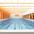 Indoor Swimming Pool Interior With Orange Arches White Ceiling And Lane Dividers