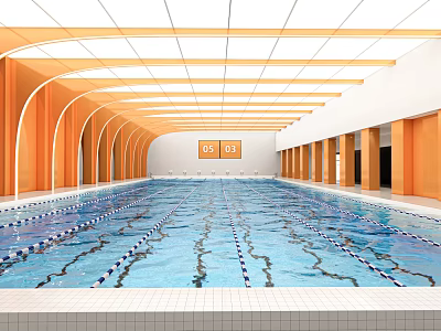 Indoor Swimming Pool Interior With Orange Arches White Ceiling And Lane Dividers 3d model