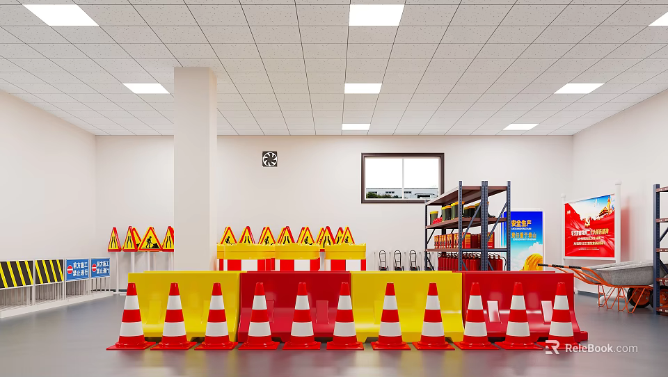 Indoor Traffic Safety Storage With Red White Cones Yellow Red Barriers And Shelves 3d model 