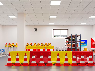 Indoor Traffic Safety Storage With Red White Cones Yellow Red Barriers And Shelves 3d model