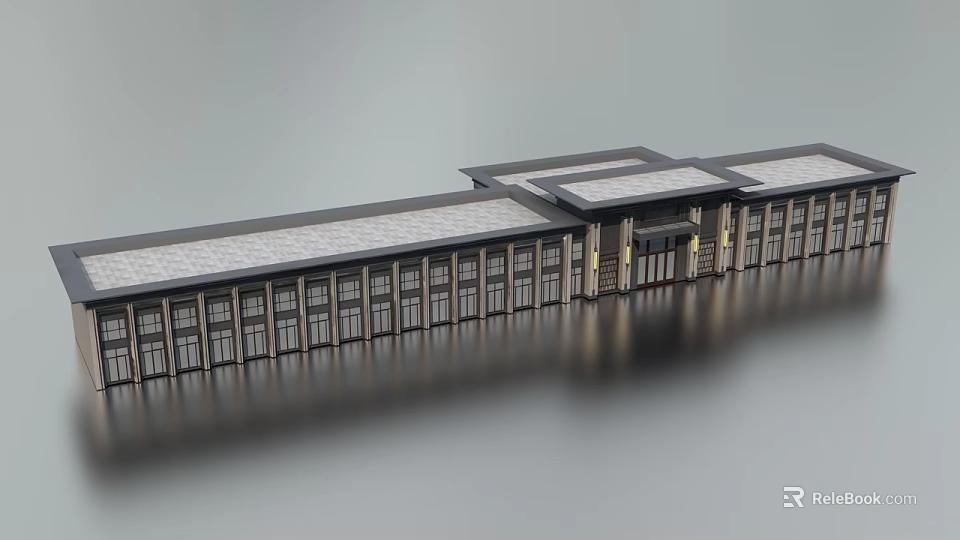 Modern Commercial Street Architecture With Long Facade Windows And Flat Roof Design 3d model 