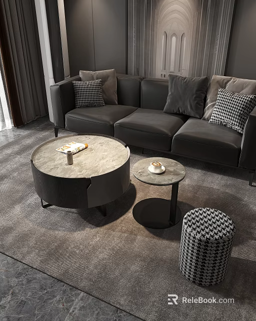 Modern Round Marble Coffee Table Living Room Interior with Sofa Pillows and Side Table 3d model