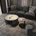 Modern Round Marble Coffee Table Living Room Interior with Sofa Pillows and Side Table 3d model