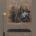 Botanical Painting with White and Pink Orchids in Vintage Vases Green Leaves and Ivy Decor