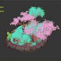 Miniature Landscape Scene With Green Trees Red Fruits Small Cabin And Rock Base