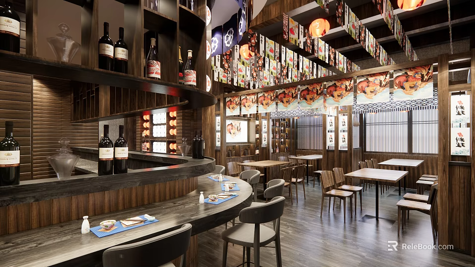 Japanese Restaurant Interior With Wooden Bar Counter Dining Tables Hanging Lanterns And Wall Art 3d model 