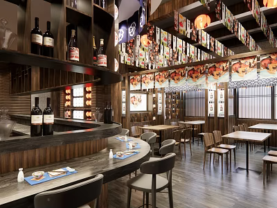 Japanese Restaurant Interior With Wooden Bar Counter Dining Tables Hanging Lanterns And Wall Art 3d model