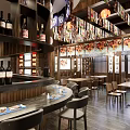 Japanese Restaurant Interior With Wooden Bar Counter Dining Tables Hanging Lanterns And Wall Art