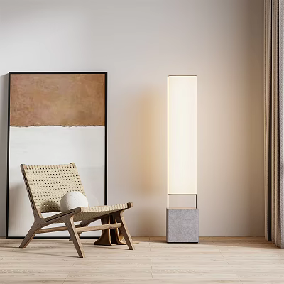 Modern Floor Lamp in Living Room with Wicker Chair White Spherical Object and Wall Painting 3d model