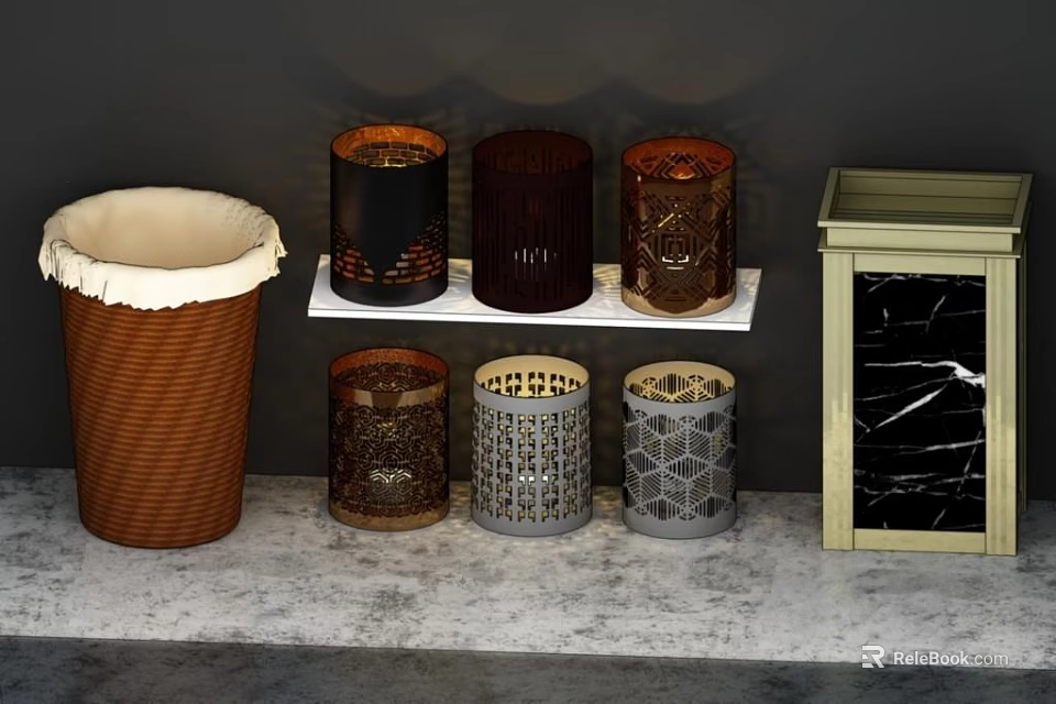Public Facility Waste Containers And Storage Units With Woven Metal And Marble Elements 3d model 