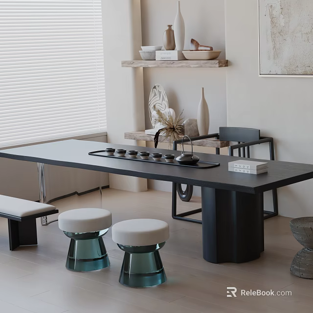 Modern Tea Room Interior With Long Black Table Ceramic Tea Set And White Stools On Light Floor 3d model 