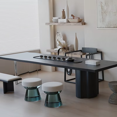 Modern Tea Room Interior With Long Black Table Ceramic Tea Set And White Stools On Light Floor 3d model