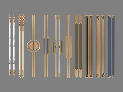 New Chinese-style Yellow Bronze Strip Door Handle Double Door Retro Handle 3d model