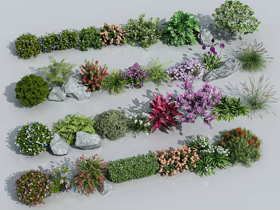 Diverse Garden Flowers and Plants Assortment With Green Shrubs Colorful Blooms and Stone Decorations 3d model