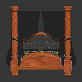 Elegant Four Poster Double Bed With Wooden Posts Black Canopy And Patterned Bedding